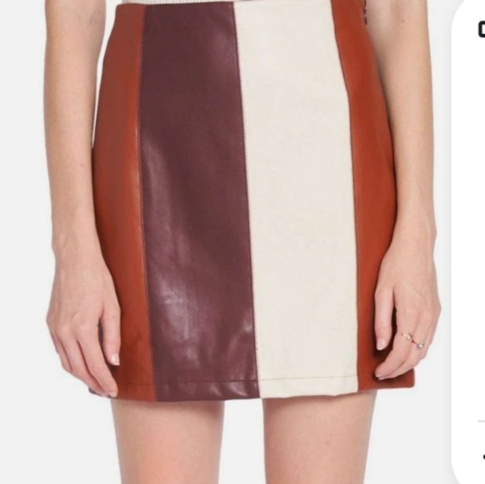 En Saison Colorblock Leather Mini Skirt in Brown, Burgundy & Cream